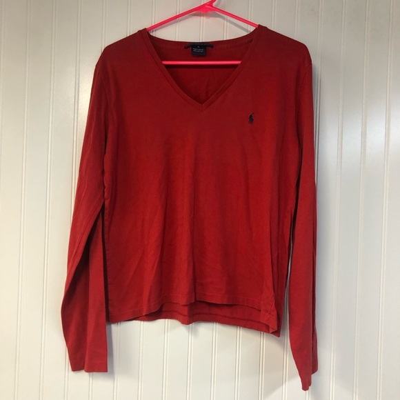 Ralph Lauren Red V-Neck Long Sleeve Shirt Vintage XL Navy Pony - Picture 1 of 3